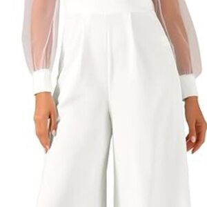 Allegra K Women's Elegant V Neck Mesh Long Sleeve Loose Wide Leg jumpsuit Med